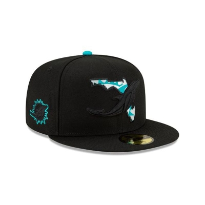 Black Miami Dolphins Hat - New Era NFL State Logo Reflect 59FIFTY Fitted Caps USA5760231